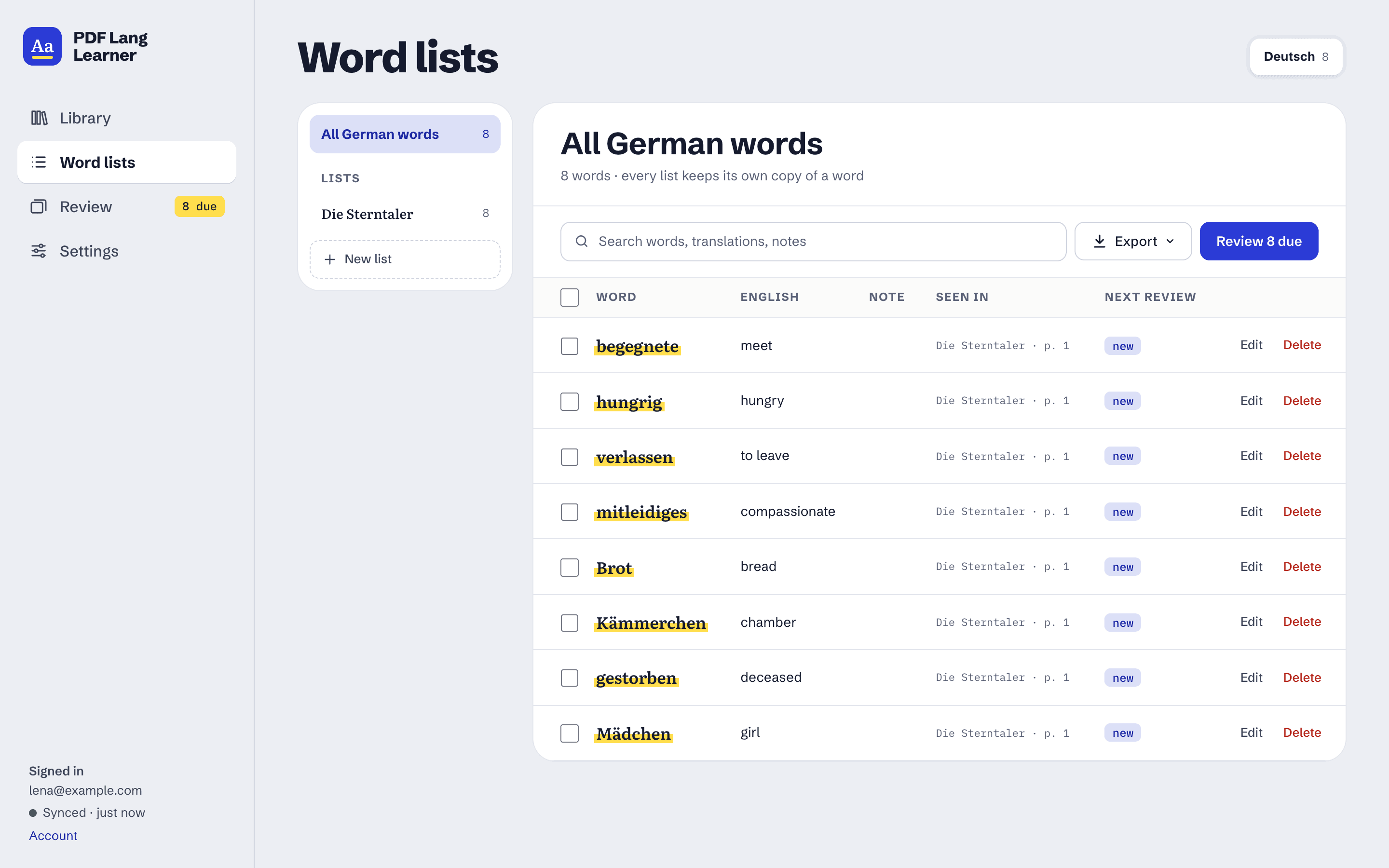 The Word lists page: every German word kept, its English meaning, the book and page it came from, and when it is next reviewed.