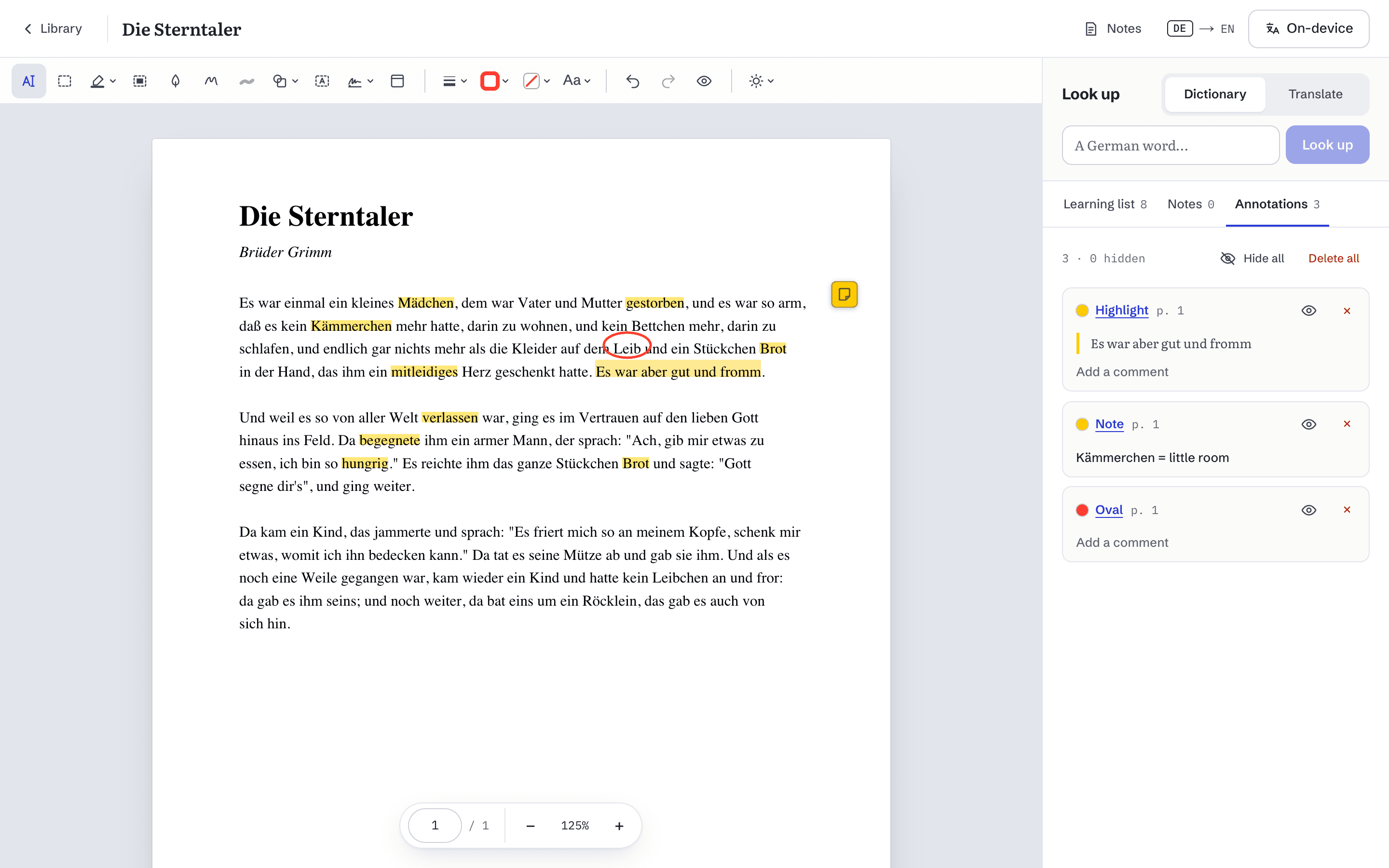 A page with a highlighted sentence, an oval around a word and a sticky note; beside it, the Annotations list with each mark.