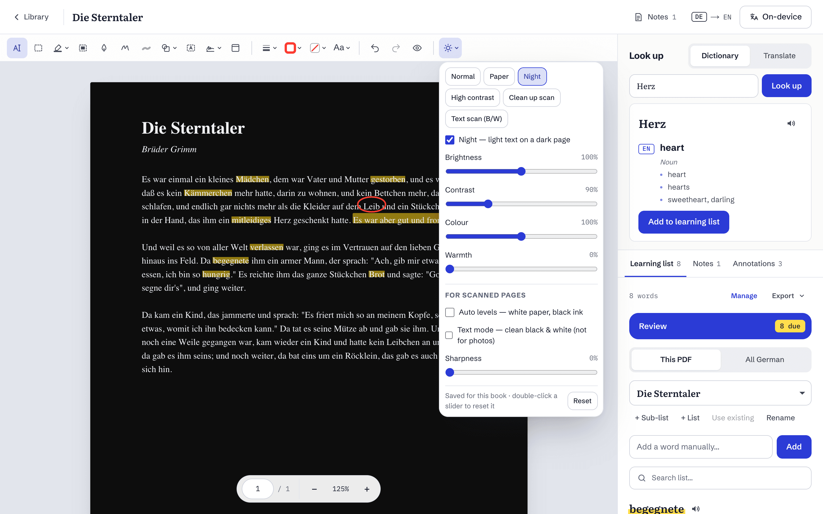 The page view menu open over a book in night mode, with presets and sliders for brightness, contrast, colour and warmth.