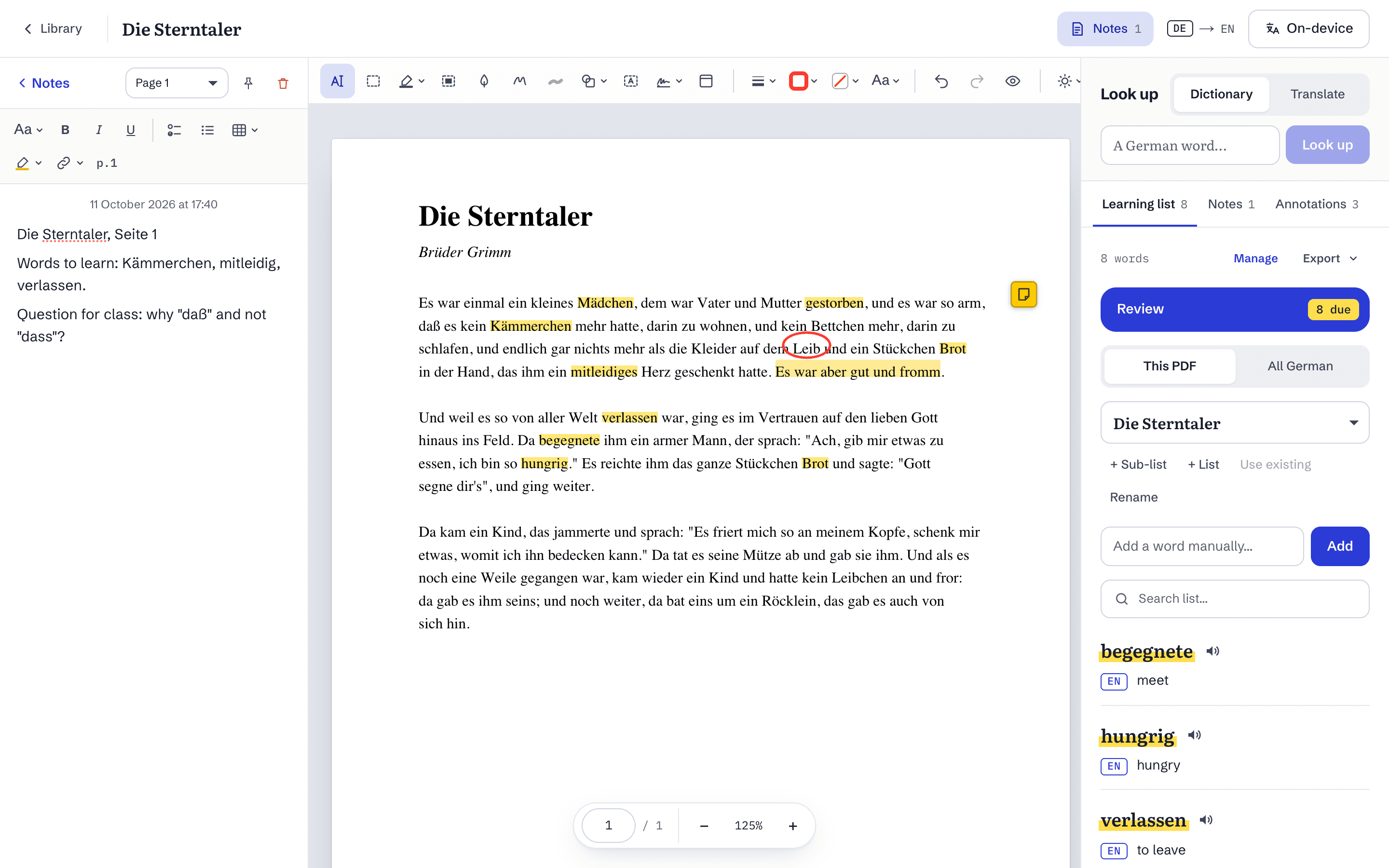 The notes panel open on the left of the page, with a note about page 1 and its formatting toolbar.