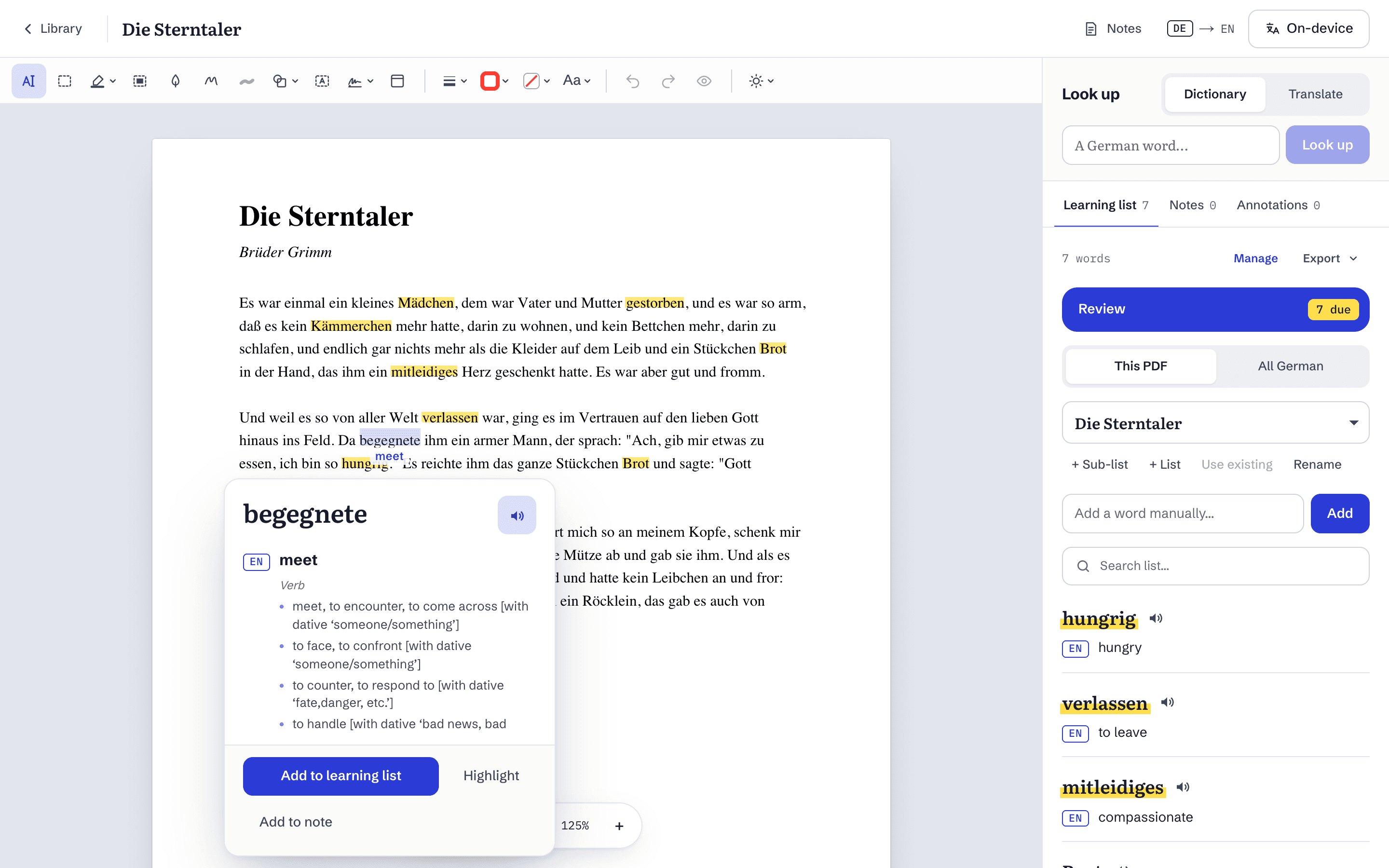 The reader: a German page with the words kept so far highlighted, and the word “begegnete” selected, showing its dictionary meanings, a button to hear it, and Add to learning list.