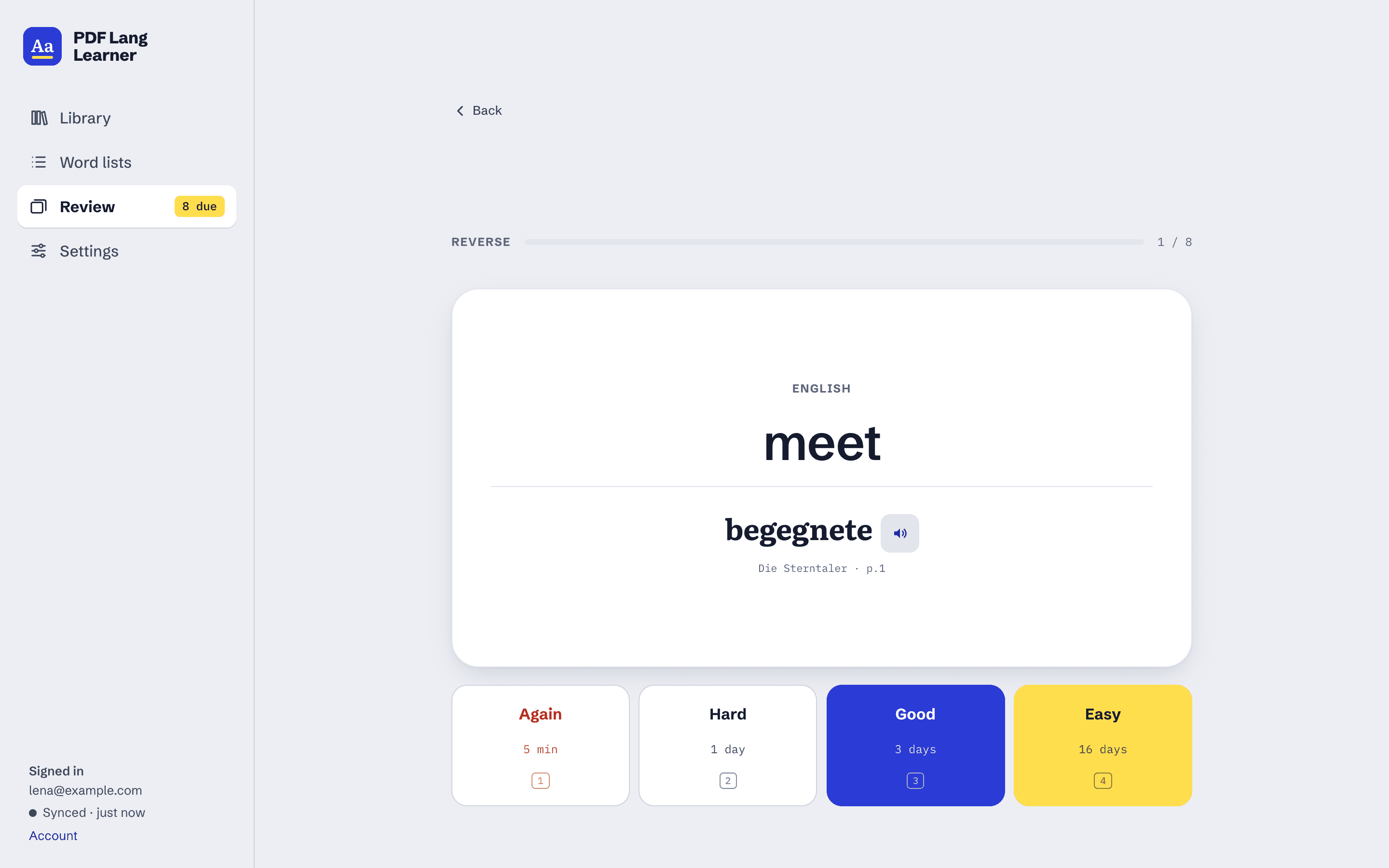 A review card showing “meet” and its answer “begegnete”, with Again, Hard, Good and Easy and when each brings the card back.