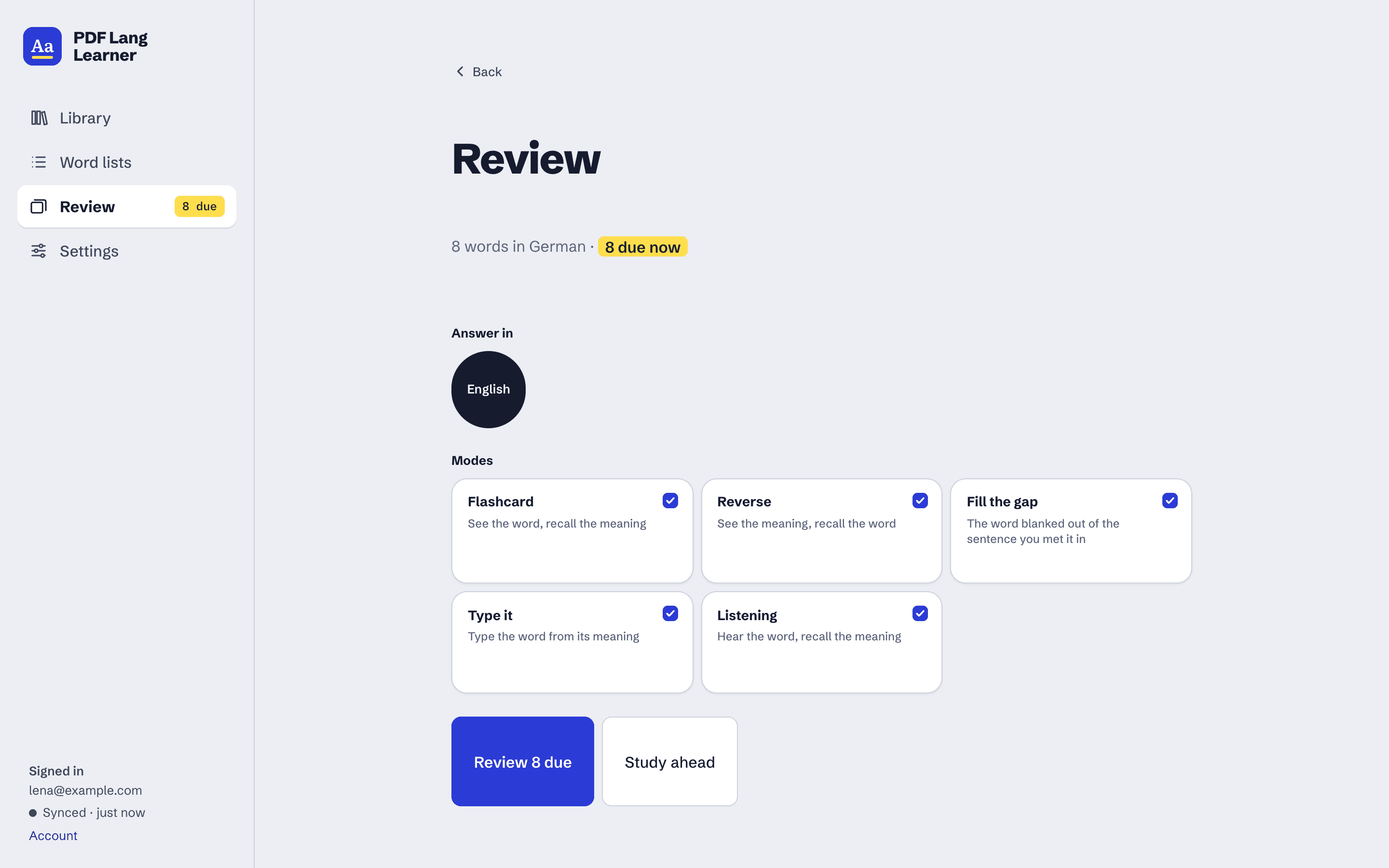 The review page for German: answer in English, and the five review modes to choose from.